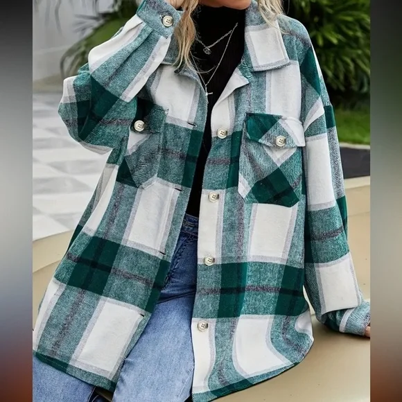 Plaid Button-Up Shirt in Green and White - Picture 2 of 4